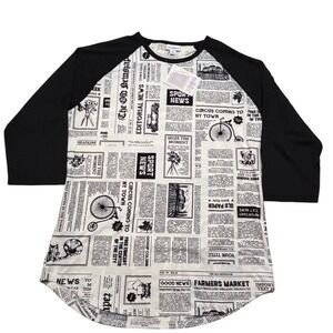 LuLaRoe Randy Baseball Tee XL Womens Newspaper Print Black 3/4 Sleeve Raglan NWT